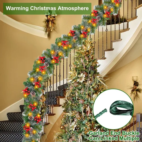 Vista 5 de TURNMEON Guirnalda de Navidad preiluminada de 6 pies por 10 pulgadas con temporizador, 30 luces cálidas, 8 piñas, pino con cerdas nevadas, 56 bayas