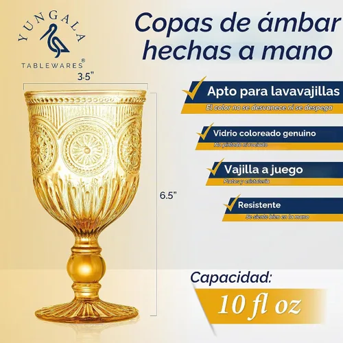 Vista 2 de Juego de copas de vino ámbar Yungala de 6 unidades, copas vintage de 10 onzas con diseño de nudos