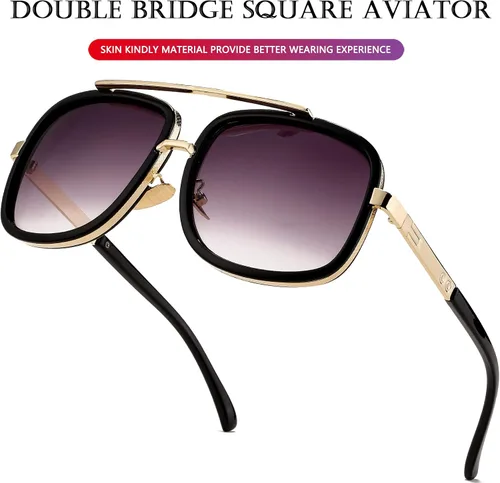 Vista 4 de AIEYEZO Gafas de sol para hombres y mujeres gafas de sol militares aviador vintage cuadrado marco de metal clásico estilo piloto