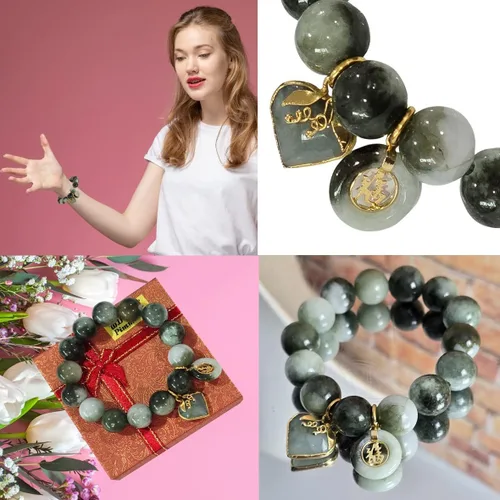 Vista 2 de Pulsera de jade tailandés de 0.55 pulgadas – Cuentas redondas a rayas verdes naturales Pulsera elástica de energía curativa con dije de corazón