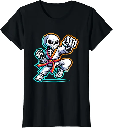 Vista 6 de Halloween Skeleton Karate T-Shirt Negro