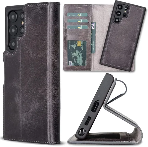 Vista 10 de Bayelon Funda tipo cartera compatible con Galaxy S22 Ultra, funda de cuero de grano completo, cartera desmontable para teléfono, funda magnética