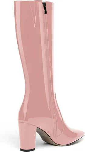 Vista 26 de AMBELIGHT Botas altas hasta la rodilla con cremallera y puntera puntiaguda para mujer, de patente sólida, tacón alto, 3.3 pulgadas