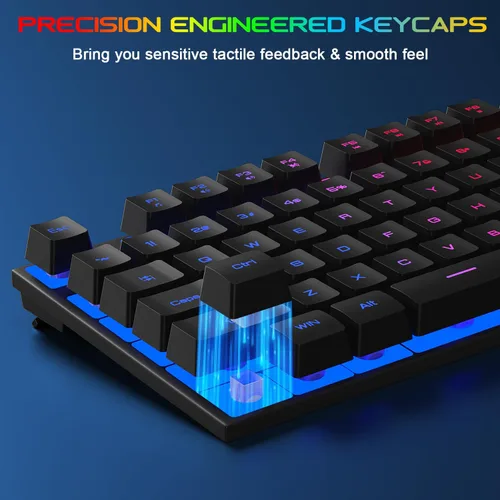 Vista 6 de BlueFinger Teclado para juegos USB con cable de tamaño completo, teclado retroiluminado con arco iris iluminado con teclas multimedia, escritura