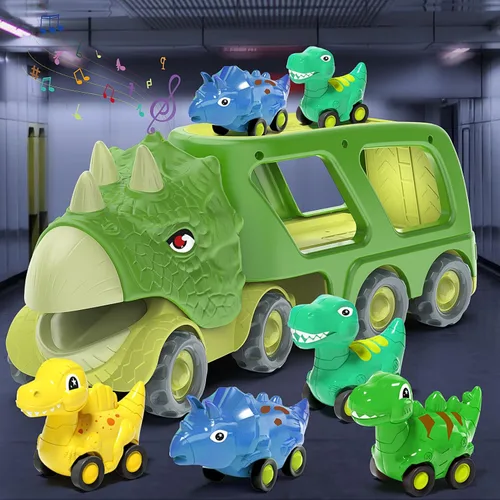 Vista 7 de Juguetes de dinosaurio para niños de 2 a 4 años, camión transportador de automóvil de dinosaurio con 4 autos de dinosaurio de tracción hacia atrás