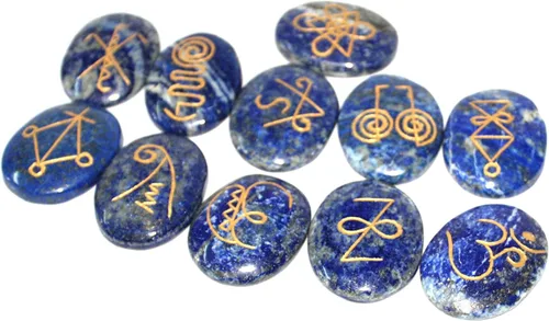 Vista 4 de Lapislázuli K-Aruna Reiki - Piedra preciosa grabada A++ Sets de terapia de cristal curativo con bolsa de palma preocupación pulgar piedra regalo
