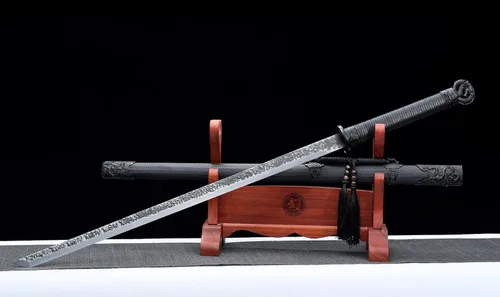Vista 2 de 42.5" Forjado a mano T10 Acero de alto carbono Negro Dragon Tang Sword Dao