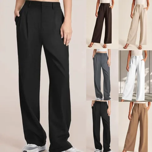 Vista 6 de Pantalones de traje para mujer, cintura alta, pantalones de pierna ancha, pantalones de trabajo de negocios, pantalones casuales rectos largos