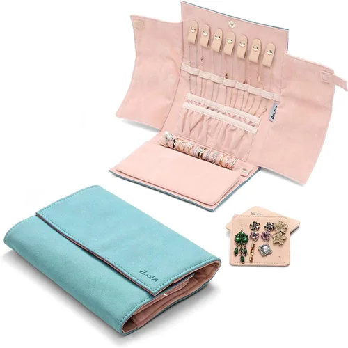 Vista 5 de Becko - Organizador de joyas para múltiples collares anillos pulseras de piel flexible y gamuza gran capacidad sin arrugas ligero portátil