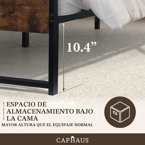 Vista 6 de CAPHAUS Base de cama de metal con cabecera y estribo de madera modernos, base de colchón, plataforma de metal con marco de acero de primera calidad