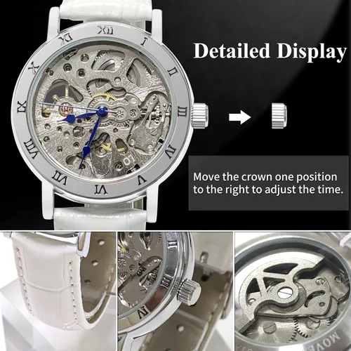 Vista 7 de Relojes para mujer, reloj mecánico automático de cuerda automática para mujer, reloj de pulsera Steampunk con correa de reloj de cuero genuino