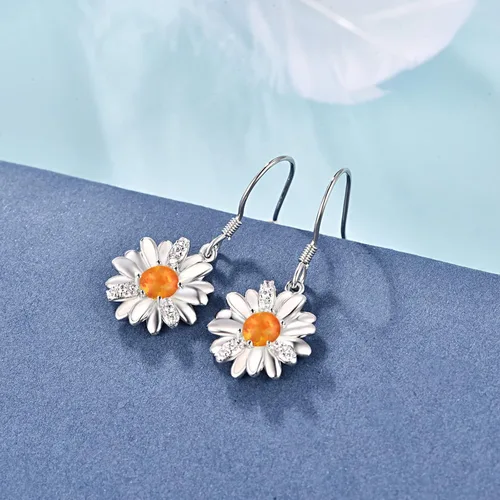 Vista 3 de Aretes de margaritas para mujer, plata de ley 925, aretes de gota de flor amarilla, joyería para mujer (naranja), Ópalo, No es una piedra preciosa