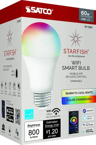 Vista 8 de Satco S11254 Starfish - Bombilla LED inteligente A19 de 10 vatios que cambia de color, funciona con Siri, Alexa, Google Assistant, SmartThings