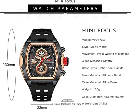Vista 6 de MF MINI FOCUS Relojes de pulsera casuales únicos (cronógrafoimpermeableluminosocalendario) relojes de moda de banda de silicona para hombres