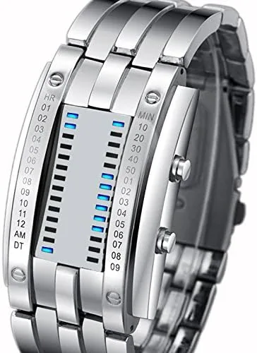Vista 2 de Reloj rectangular de acero inoxidable para hombre, reloj LED azul, reloj clásico creativo de moda negro galvanizado, plateado, Moda casual