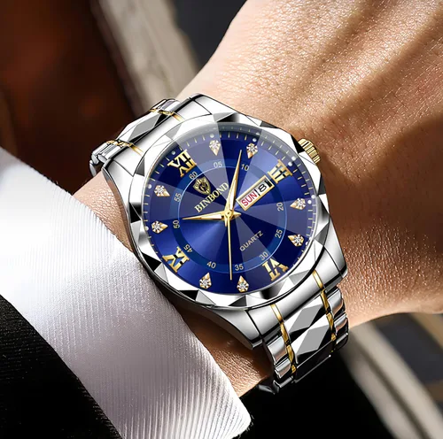 Vista 3 de Gosasa Luxury Men's and Women's Business Diamond Stainless Steel Waterproof Roman Numeral Analog Quartz Watch with Day-Date Calendar, Gold and