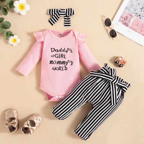 Vista 7 de Kadola Conjunto de 3 piezas de mameluco acanalado con diadema para niñas y bebés, trajes a rayas para niñas