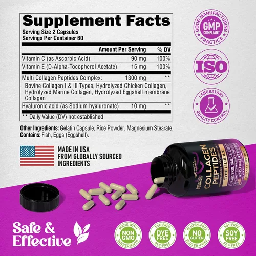 Vista 8 de Péptidos de colágeno múltiple – Tipos hidrolizados I, II, III, V y X – Suplemento de colágeno para mujeres 1300mg – con ácido hialurónico, vitaminas