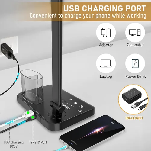Vista 4 de CHARYJOD Lámpara de escritorio LED retráctil regulable con puerto de carga USB, 50 modos de iluminación, brazo doble oscilante, arquitecto, lámpara