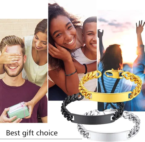 Vista 5 de FindChic Pulseras de identificación personalizadas con barra de nombre para hombres y mujeres, chapadas en oro de 18 quilatesacero inoxidablenegro