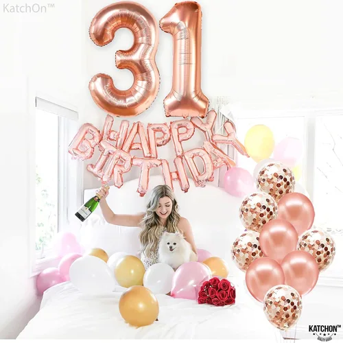 Vista 8 de Katchon, Globo de oro rosa con el número 31 de 40 pulgadas, decoraciones de Globos del número 31, globos del número 3 y 1 con 5 globos de látex