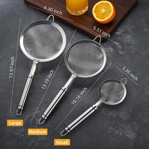 Vista 6 de Coladores de malla fina de acero inoxidable 304 de 3.35 pulgadas para cocina, colador con asa, tamices de metal para alimentos, arroz, aceite