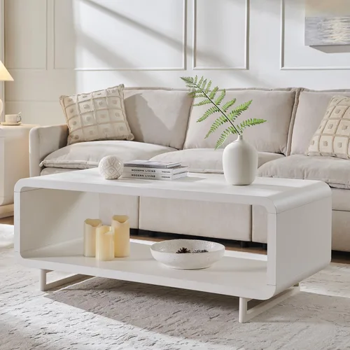 Vista 9 de IFGET Mesa de Centro Moderna de 48", Mesa Central Minimalista de 2 Niveles con Estante de Almacenamiento, Diseño de Perfil Curvo, Mesa Rectangular