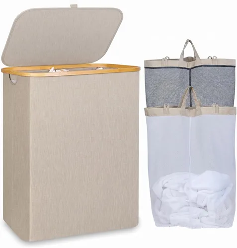 Vista 25 de iEGrow Cesta de lavandería con tapa, cesta grande de lavandería de 110 litros con asa y tapa, organizador de ropa plegable con bolsa interior Beige