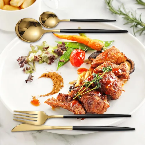 Vista 2 de Kawlity Cubiertos de acero inoxidable duraderos negros y dorados pulidos, cucharas, tenedores, 30 piezas, utensilios de mesa, para cocina
