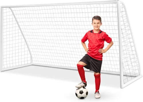 Vista 11 de GYMAX Portería de fútbol, porterías de fútbol para patio trasero con red para todo tipo de clima, estaca de tierra y bridas de cremallera, marco