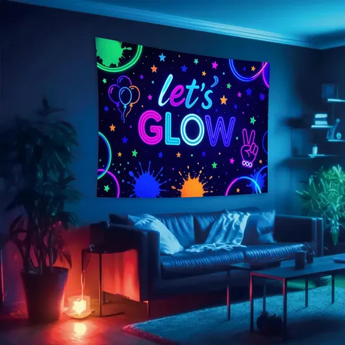 Vista 5 de Starlit Patio Let's Glow - Tapiz con luz negra, reactiva a los rayos UV, decoración de pared fluorescente con brillo de neón, 78 x 59 pulgadas