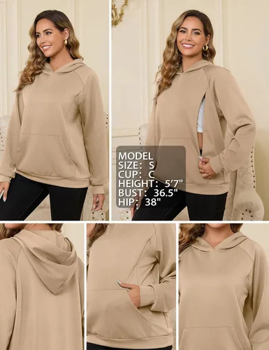 Vista 5 de Bhome Sudadera de lactancia con capucha para lactancia materna con cremalleras ocultas, bolsillo de canguro