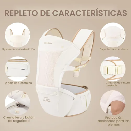 Vista 3 de Portabebés Bebamour con asiento de cadera, malla transpirable para todas las posiciones en el asiento de cadera y portabebés de 0 a 36 meses