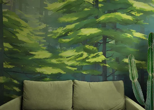 Vista 3 de Papel tapiz de árbol forestal, papel tapiz extraíble de bosque verde, papel tapiz para despegar y pegar, papel tapiz temporal, impresiones de pared.