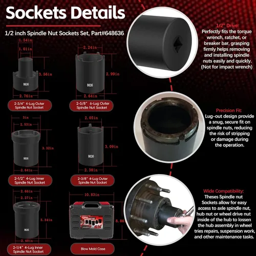 Vista 6 de Kit de Herramientas de Llaves de Tuerca de Husillo 5 Piezas Juego de Llaves de Tuerca de Bloqueo de Cubo de Eje 1/2" Drive Extractor Instalador