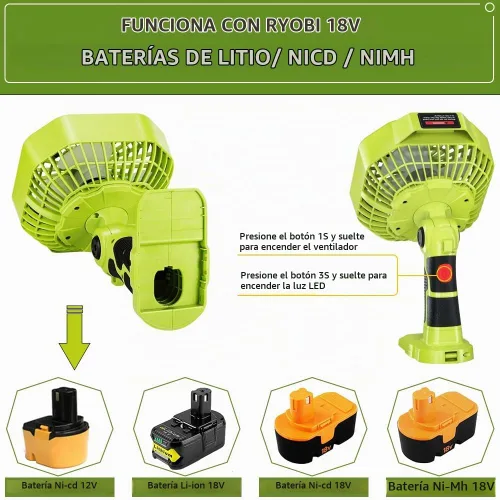 Vista 2 de YEX-BUR Ventilador portátil para batería Ryobi 18v One+ (solo herramienta)