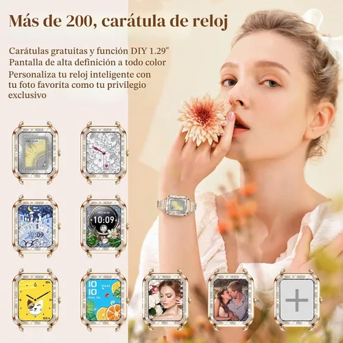 Vista 6 de Relojes inteligentes para mujer con diamantes (respuesta/hacer llamadas), pantalla táctil HD de 1.29 pulgadas, reloj inteligente Android, rastreador