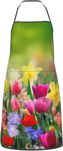 Vista 27 de Delantal impermeable floral arcoíris con bolsillos grandes para regalo de cocina