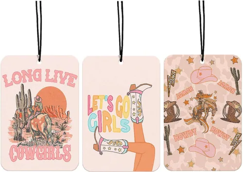 Vista 32 de Ambientador de coche occidental con lazos negros UTELKA 4 piezas, vamos chicas vaqueras occidentales, accesorios para el coche colgantes, aromas