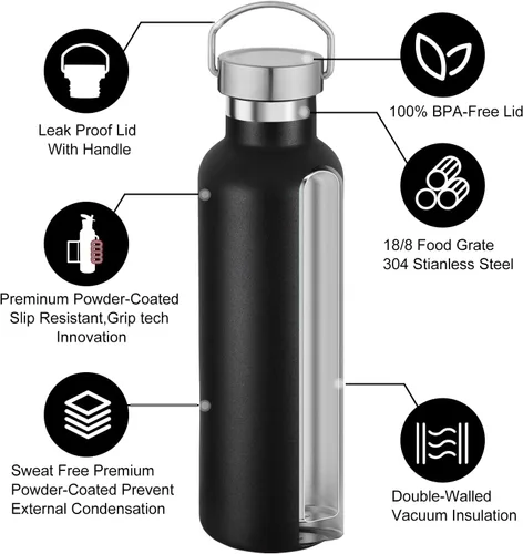 Vista 5 de Volhoply 24 onzas Botella de agua aislada con boca estándar con tapa de combinación de plástico y acero inoxidable, botellas de agua de 304 18/8