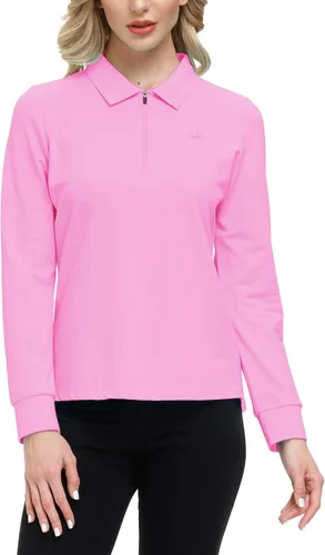Vista 47 de JINSHI Polo de golf para mujer, de manga larga, con cremallera, deportiva, de secado rápido, atlética, casual, ajustada