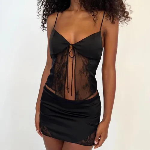 Vista 3 de Juakoso Y2k - Conjunto de falda de dos piezas para mujer, con encaje y volantes, tirantes delgados, top corto, falda corta, conjunto de traje de moda