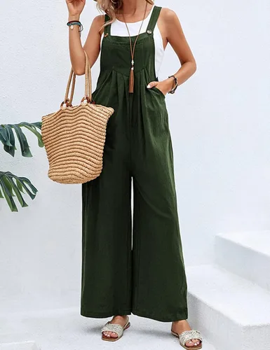 Vista 2 de Dqbeng Overol de verano bohemio de algodón con pechera de pierna ancha para mujer, estilo casual