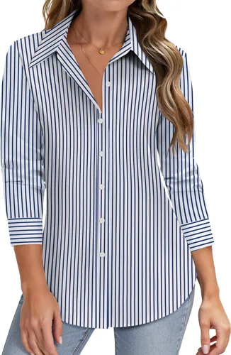 Vista 17 de HOTOUCH Camisas de manga larga con botones para mujer, camisas de vestir con protección contra manchas, ajuste delgado, blusas de trabajo, oficina