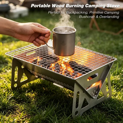 Vista 4 de Estufa de camping portátil 2 en 1 y parrilla de carbón para mochileros