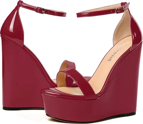 Vista 6 de WAYDERNS Sandalias de tacón alto con plataforma y correa de tobillo para mujer, con hebilla de noche, puntera abierta, de moda, de charol, de 6