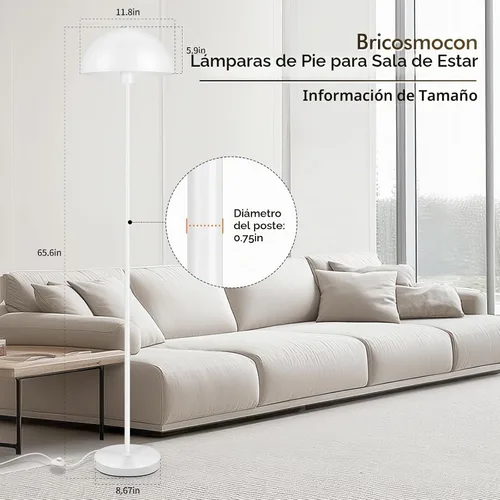 Vista 3 de Lámpara de pie, lámparas de pie industriales blancas para sala de estar, lámpara de pie de 65.6 pulgadas, pantalla de cúpula de hongo retro