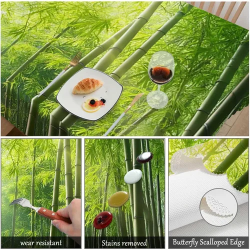 Vista 6 de Swono - Mantel rectangular de bambú con diseño de luz solar y bosque de bambú - Mantel a cuadros lavable para mesa de cocina, cena de festividades