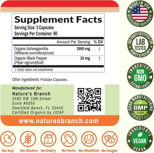 Vista 6 de Ashwagandha orgánica certificada por UDAF con pimienta negra, 1965 mg - Extra fuerte para el estrés, el sueño, el estado de ánimo, la tiroides