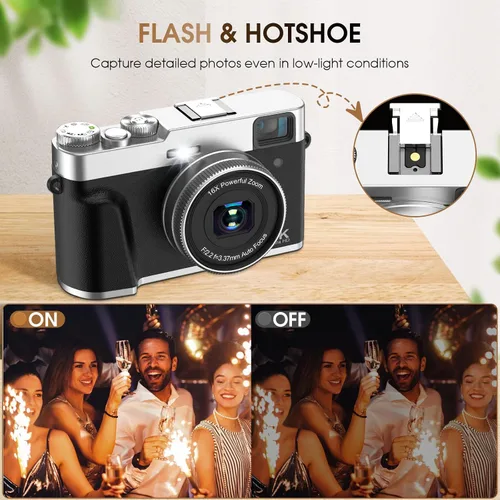 Vista 6 de Cámara digital 4K 48MP mejorada con enfoque automático de tarjeta SD Point and Shoot Camera with Flash Viewfinder & Dial,Vlogging Camera